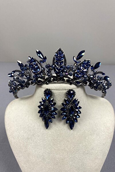 ESPEREST تاج حناء الزفاف المطرز بالخرز باللون الأزرق الداكن وأقراط مكوكية رفيعة