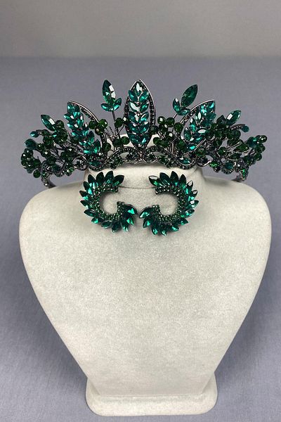 Hayalperest boncuk Green Jabbah Bead Embroidered Bridal Henna Crown And Round Earrings