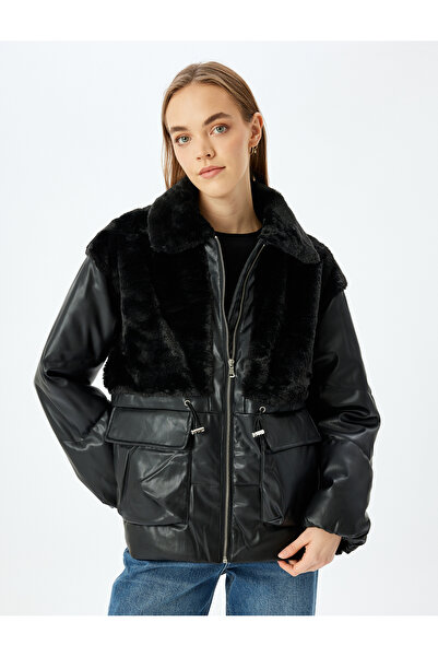 Koton Jachetă pufă cu aspect de piele, cu buzunare cu fermoar și detalii de pluș