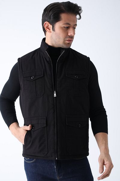 Cordial Men's Winter Vest Black Cotton Quilted Four Pockets