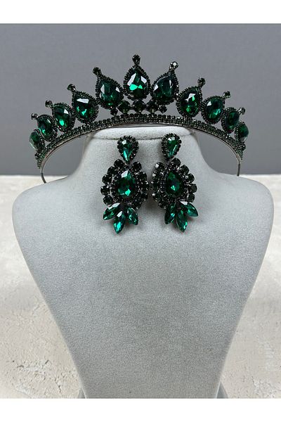 Hayalperest boncuk Green Neri Model Wedding Henna Costume Set - Crown and Shuttle Drop Earrings