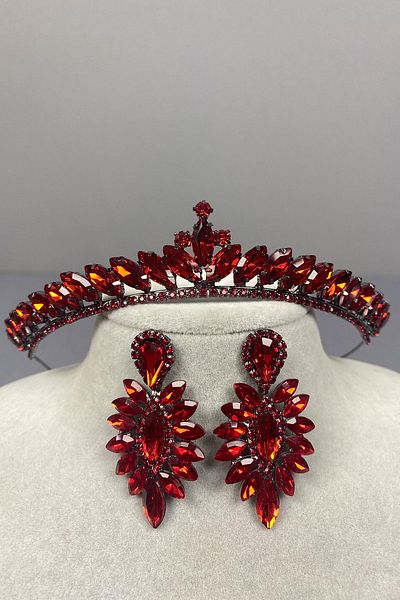 Hayalperest boncuk Red Ece Bridal Henna Crown And Thin Shuttle Stone Earrings