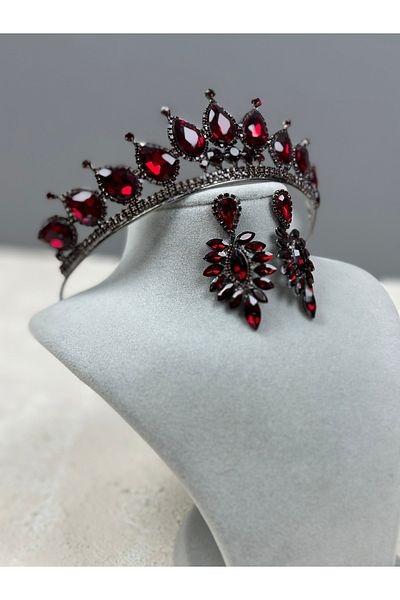 Hayalperest boncuk Neri Model Burgundy Wedding Henna Costume Crown and Drop Earring Set