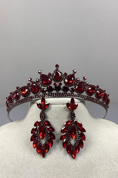 Hayalperest boncuk Burgundy Ade Bridal Henna Crown and Shuttle Stone Earrings