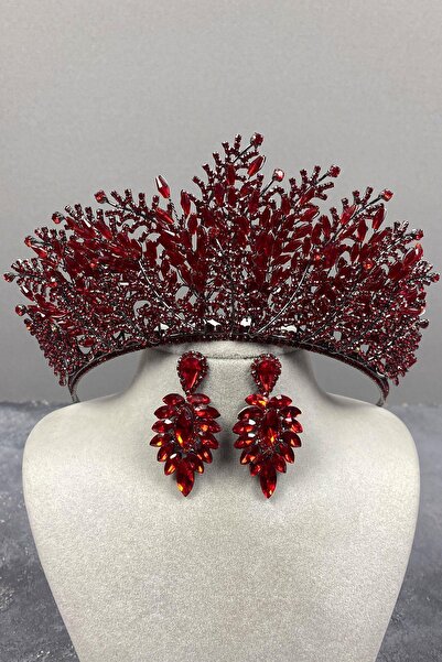Limelia Set de coroană și cercei cu piatră de mireasă brodate cu mărgele roși...