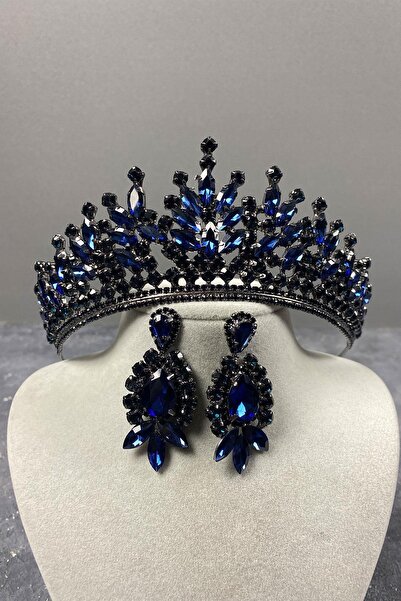 Limelia Coroană de mireasă cu henna Rio Stone albastru bleumarin și cercei cu...