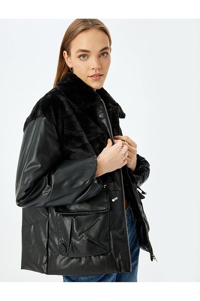 Koton Plush Detailed Leather Look Puffer Jacket with Zippered Pockets
