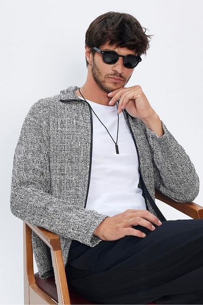 Tudors Unisex Relax Fit Χαλαρή εφαρμογή Χειμερινό μπλουζάκι με μοτίβο ξυλοκόπο σε στυλ γκρι πουκάμισο με γιακά
