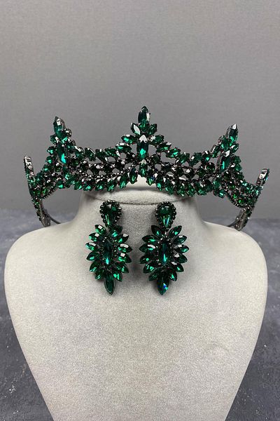 Hayalperest boncuk Green Venice Stoned Bridal Henna Crown and Drop Earring Set