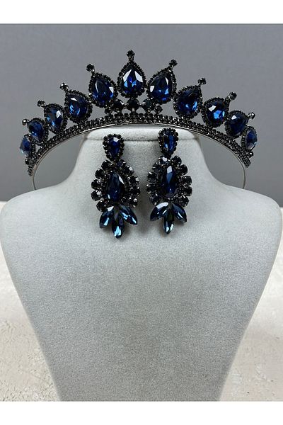 Hayalperest boncuk Navy Blue Neri Model Wedding Henna Costume and Shuttle Drop Earring Set