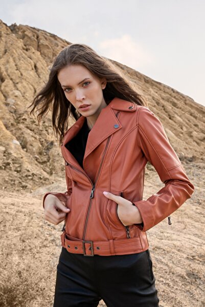 Basics&More Kadın Biker Turuncu Deri Ceket - BM01