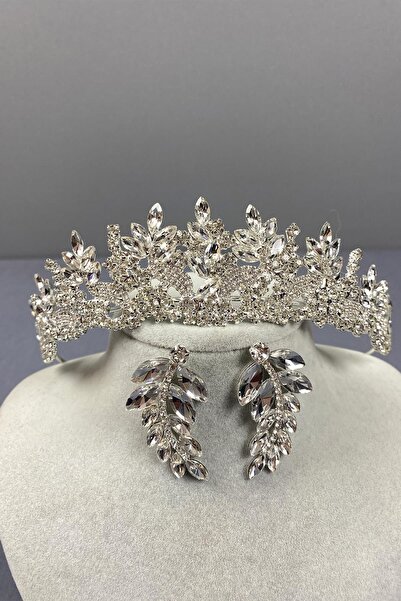 ESPEREST طقم تاج الزفاف الفضي من Belur وأقراط أوراق الشجر
