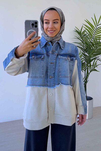 Ka Hijab Cardigan hijab din tricotaje cu nasturi cu detalii din jeans