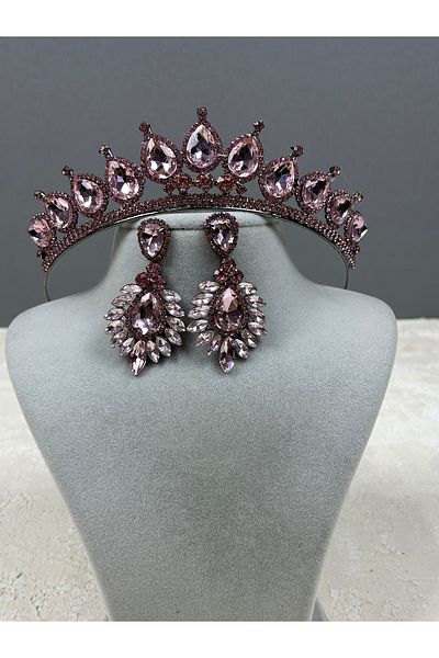 Hayalperest boncuk Pink Neri Model Wedding Henna Costume and Shuttle Earring Set - Crown and Drop Detailed