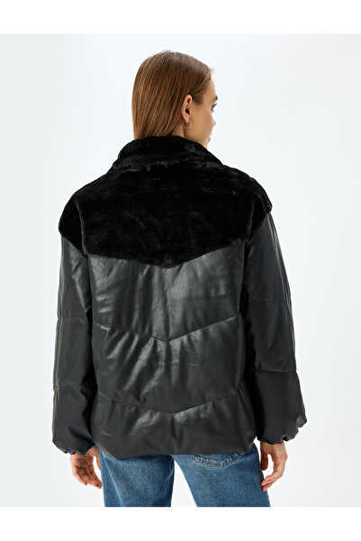 Koton Jachetă pufă cu aspect de piele, cu buzunare cu fermoar și detalii de pluș