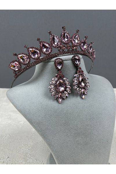 Hayalperest boncuk Pink Neri Model Wedding Henna Costume and Shuttle Earring Set - Crown and Drop Detailed