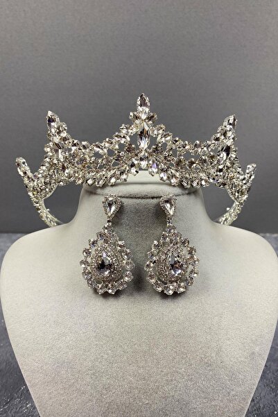ESPEREST طقم تاج الزفاف وأقراط متدلية من حجر البندقية الفضي