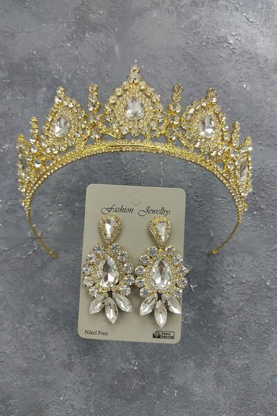 Limelia Coroană de mireasă model Gold Ahu și cercei cu piatră de picătură