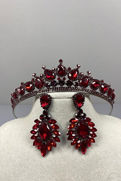 ESPEREST طقم تاج حنة للعرائس من Ade باللون العنابي وأقراط مكوكية قطرة