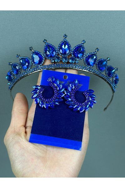 Hayalperest boncuk Neri Model Sax Blue Wedding Henna Costume - Crown and Leaf Earring Set