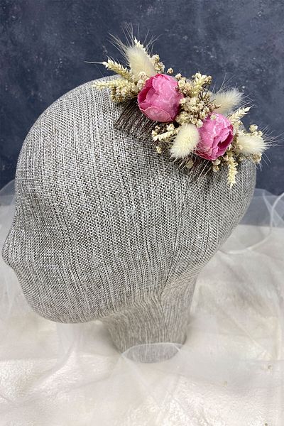 Hayalperest boncuk Pink Cotton Grass Cipso and Artificial Flower Comb Hair Clip