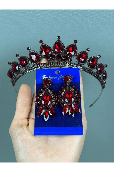 Hayalperest boncuk Burgundy Neri Model Wedding Henna Costume and Shuttle Drop Earring Set