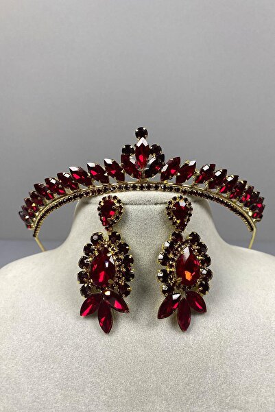 Limelia Σετ σκουλαρίκια μπορντό χρυσό Ece Bridal Henna Crown και Drop Stone