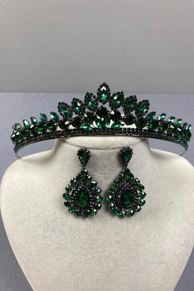 ESPEREST Set de coroană și cercei cu piatră de henna de mireasă Leyn verde