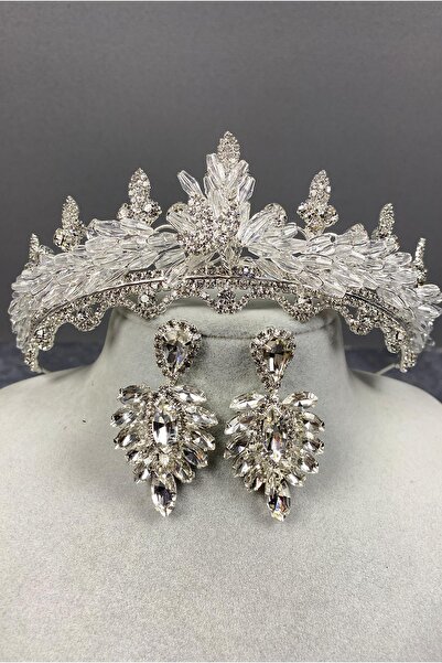 Hayalperest boncuk Set de coroană de mireasă cu cristale Lena argintie și cer...