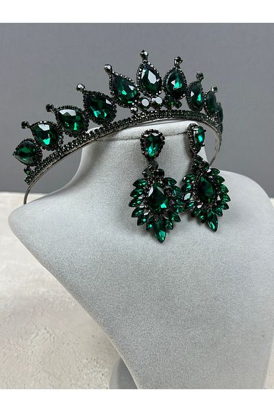 Hayalperest boncuk Green Neri Model Bride and Wedding Henna Crown Drop Shuttle Earring Set
