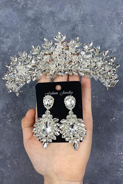 Limelia Set de coroană și cercei de mireasă brodate cu mărgele argintie Asleny