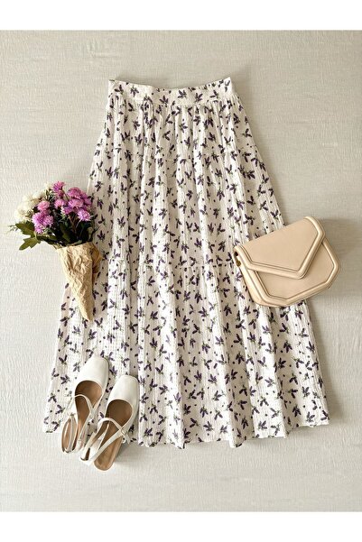 KÜÇÜĞÜM BUTİK Beyaz-Mor Lavanta Çiçekli Kat Kat Gofre Etek