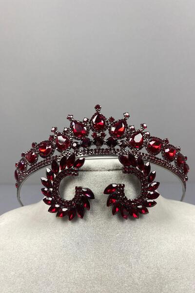 ESPEREST Set de coroană și cercei cu piatră rotundă Ade Bride Henna Burgundy