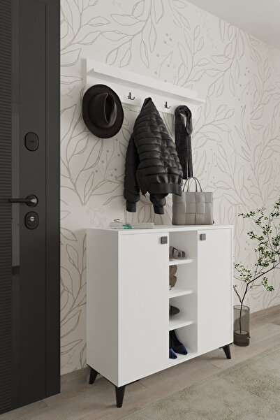 AYMOBSAN Akasya 2 Kapaklı Ayakkabılık, Vestiyer, Portmanto, Askılık, 90 Cm, Beyaz