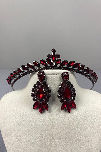 Limelia Set de coroană de mireasă și cercei cu piatră de culoare burgundă Ece