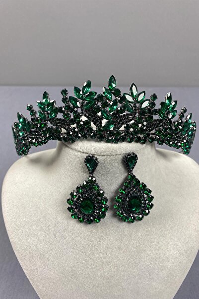 ESPEREST Set de cercei cu coroană de henna de mireasă verde Belur și piatră p...