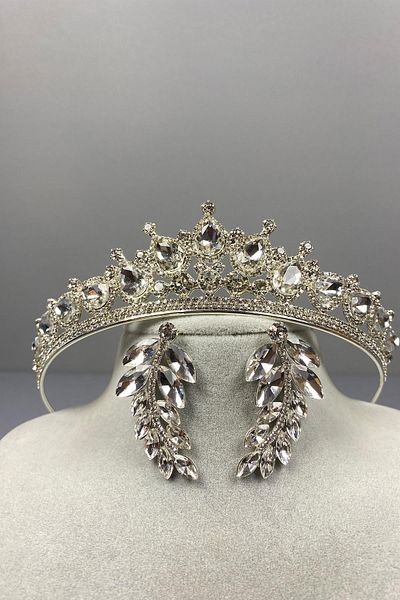 Hayalperest boncuk Silver Ade Bridal Crown and Leaf Jewelled Earring Set
