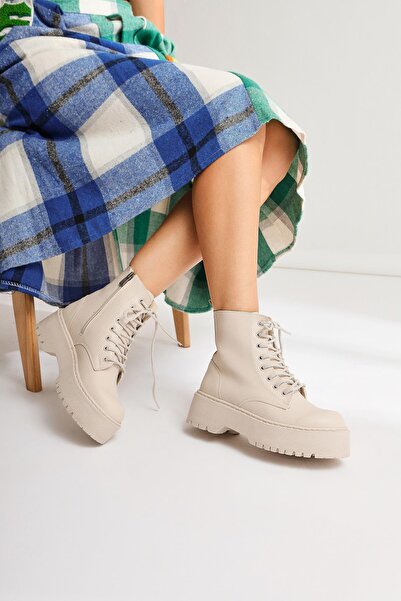 Aleza Shoes Kalın Topuk Fermuarlı Krem Kadın Bot