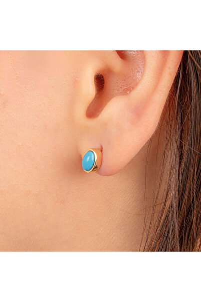 FasekGold Altın Küpe - 14 Ayar Altın Firuze (Turkuaz) Taşlı Oval Küpe