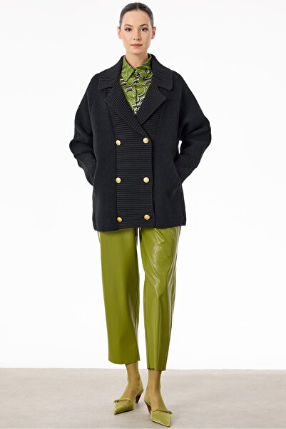 Tığ Triko Yakası Fitilli Kruvaze Triko Kaban SİYAH