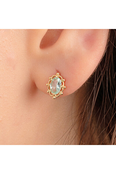 FasekGold Altın Küpe - 14 Ayar Altın Vintage Tasarım Green Topaz (SU YEŞİLİ) ...
