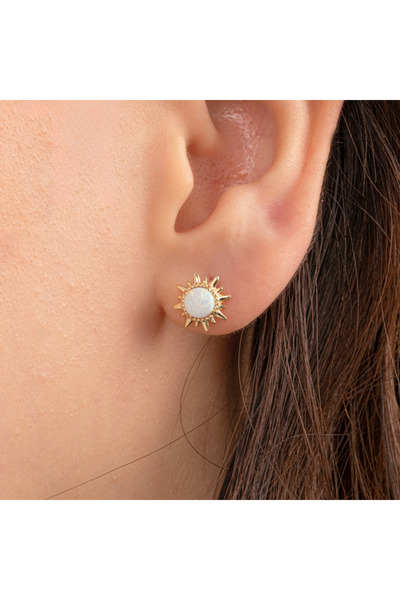 FasekGold Altın Küpe - 14 Ayar Altın Opal Taşlı Güneş Desenli Küpe