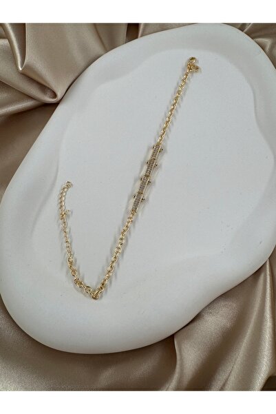 Çelik Gold Zirkon Taşlı Serenay Leyla Model Bileklik | Paslanmaz Çelik