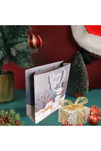 roco paper Yılbaşı Temalı İpli Karton Çanta, Kardan Adam Desenli Yeniyıl Hediye Çantası, 10 Adet, 25x30x9 Cm