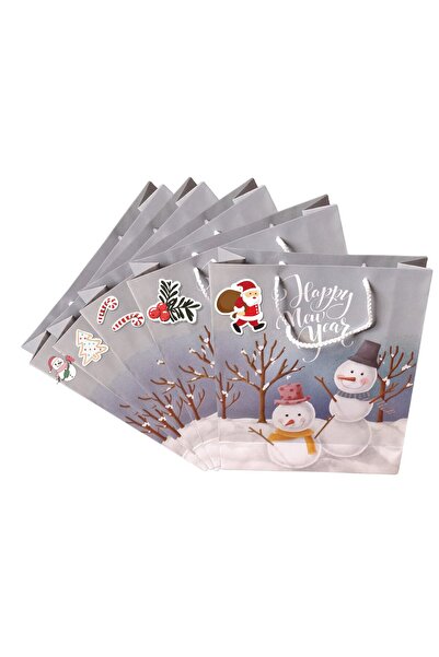 roco paper Yılbaşı Temalı İpli Karton Çanta, Kardan Adam Desenli Yeniyıl Hediye Çantası, 10 Adet, 25x30x9 Cm