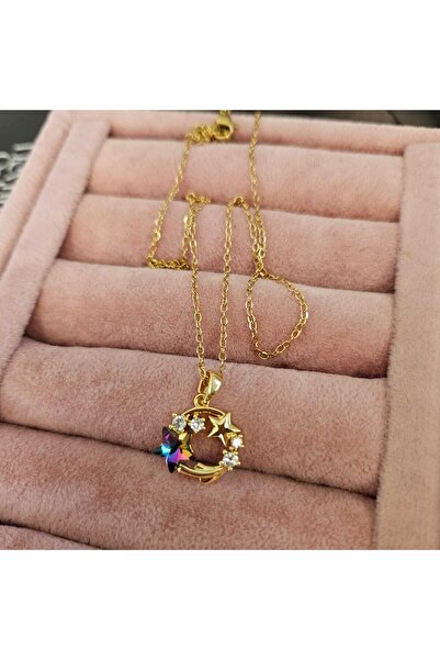 RengarenkAksesuar Ayyıldızlı Renkli Taşlı Şık ve Zarif Kolye