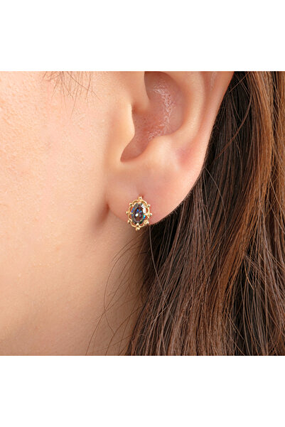 FasekGold Altın Küpe - 14 Ayar Altın Vintage Tasarım Mistik Topaz Taşlı Küpe