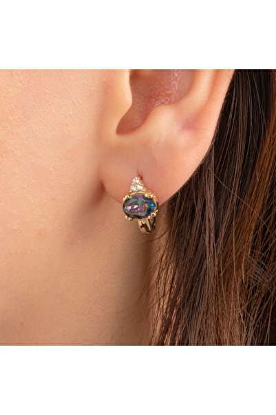 FasekGold Altın Küpe - 14 Ayar Altın Oval Mistik Topaz Taşlı Tektaş Küpe