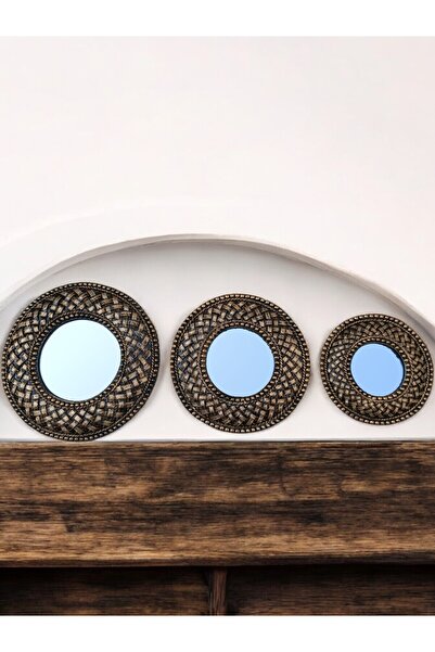 Peramari Dekoratif Polyester Yuvarlak Hasırlı Üçlü Ayna Takımı Gold Siyah Eskitme