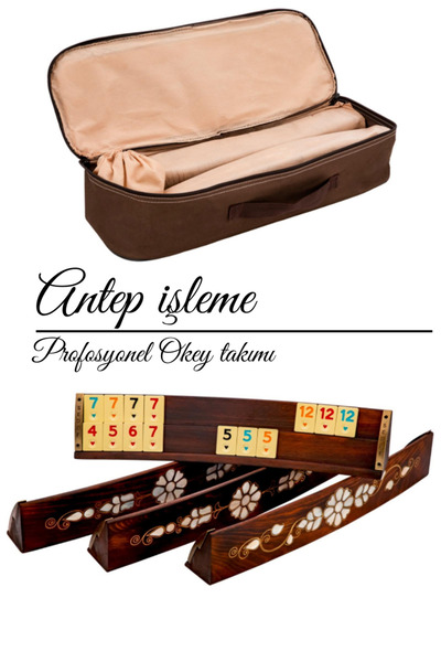 Comprox 1. Grade Solid - Natural Wood Oval Okey Set, Esser Antep Processing, Mother of Pearl Inlaid and Carved